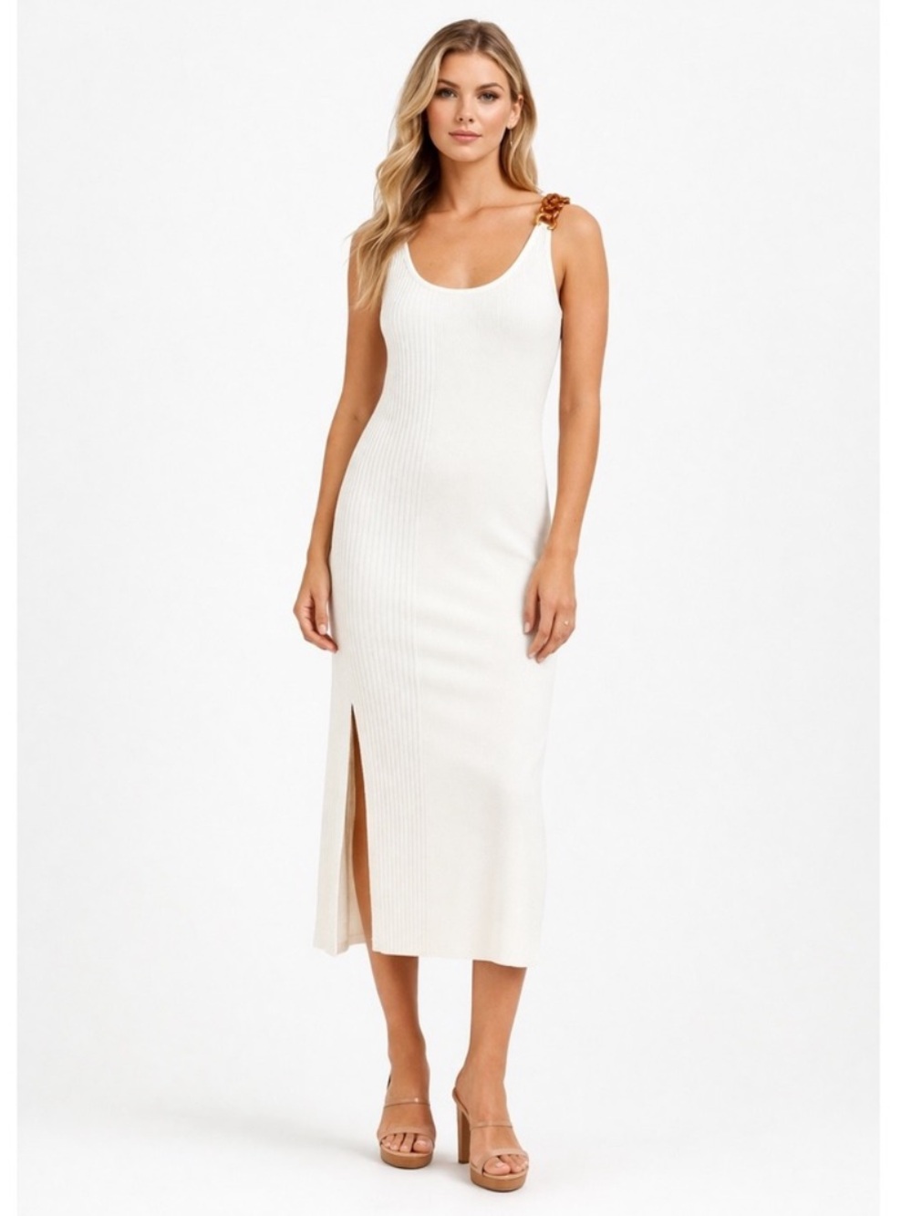 Joie White Ribbed-Panel Stretchy Tank Dress with Slits, Medium